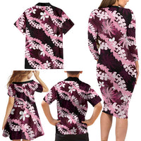 Puakenikeni Maile Lei Family Matching Long Sleeve Bodycon Dress and Hawaiian Shirt Frangipani Pink Tropical Leaves LT01 - Polynesian Pride