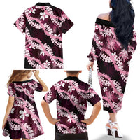 Puakenikeni Maile Lei Family Matching Off The Shoulder Long Sleeve Dress and Hawaiian Shirt Frangipani Pink Tropical Leaves LT01 - Polynesian Pride