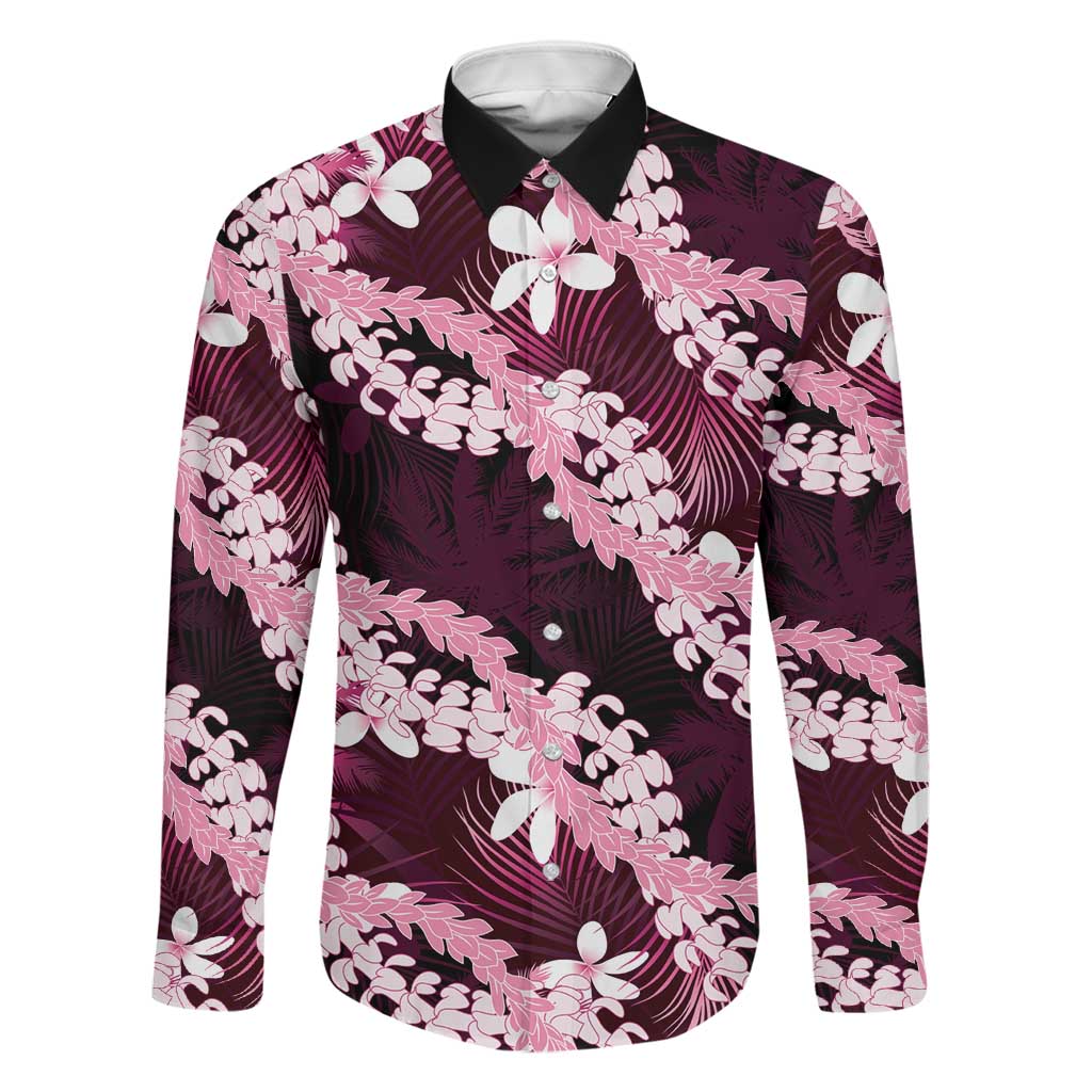 Puakenikeni Maile Lei Family Matching Off Shoulder Maxi Dress and Hawaiian Shirt Frangipani Pink Tropical Leaves LT01 Dad's Shirt - Long Sleeve Pink - Polynesian Pride
