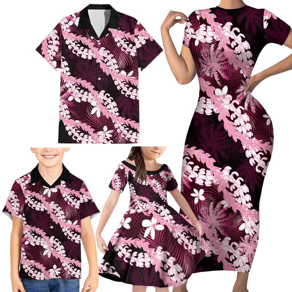 Puakenikeni Maile Lei Family Matching Short Sleeve Bodycon Dress and Hawaiian Shirt Frangipani Pink Tropical Leaves LT01 - Polynesian Pride
