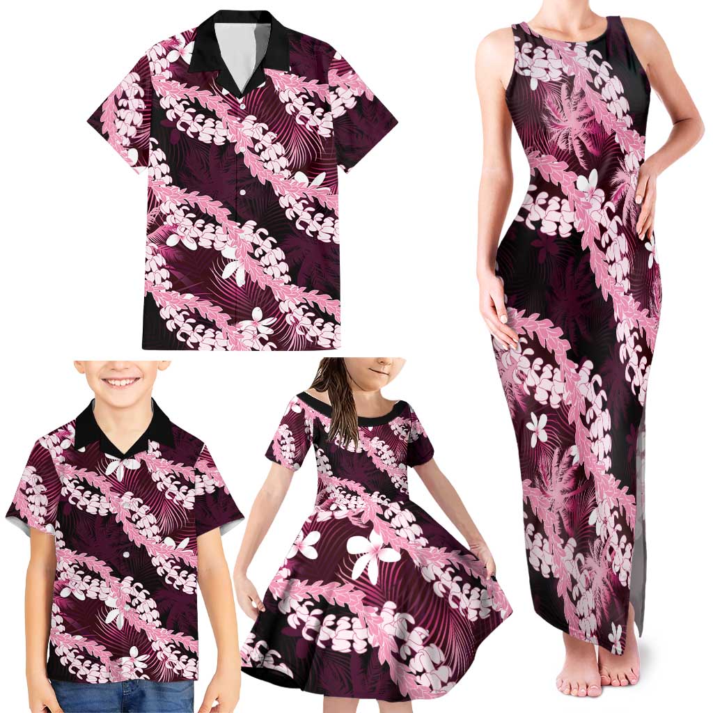Puakenikeni Maile Lei Family Matching Tank Maxi Dress and Hawaiian Shirt Frangipani Pink Tropical Leaves LT01 - Polynesian Pride