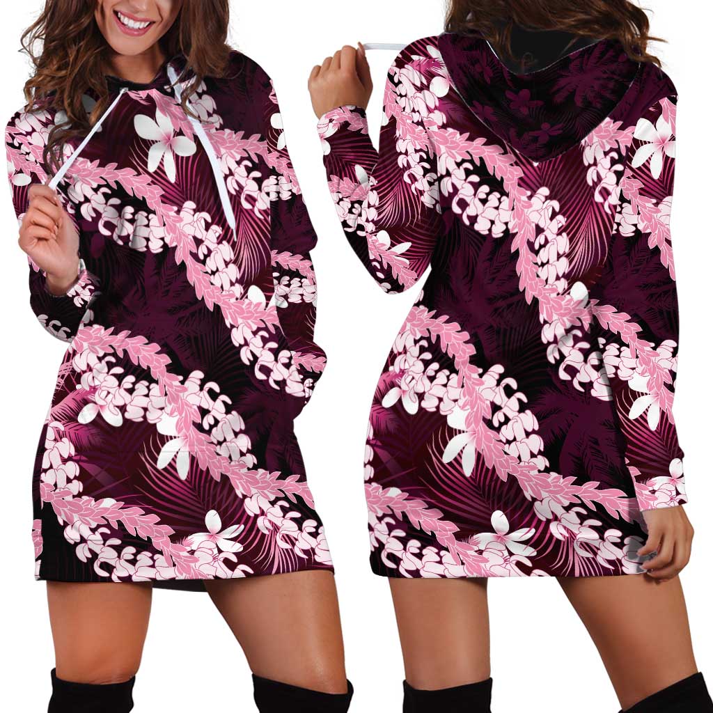Puakenikeni Maile Lei Hoodie Dress Frangipani Pink Tropical Leaves LT01 - Polynesian Pride