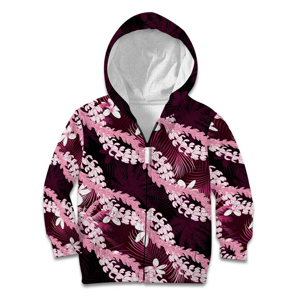 Puakenikeni Maile Lei Kid Hoodie Frangipani Pink Tropical Leaves LT01 Zip Hoodie Pink - Polynesian Pride