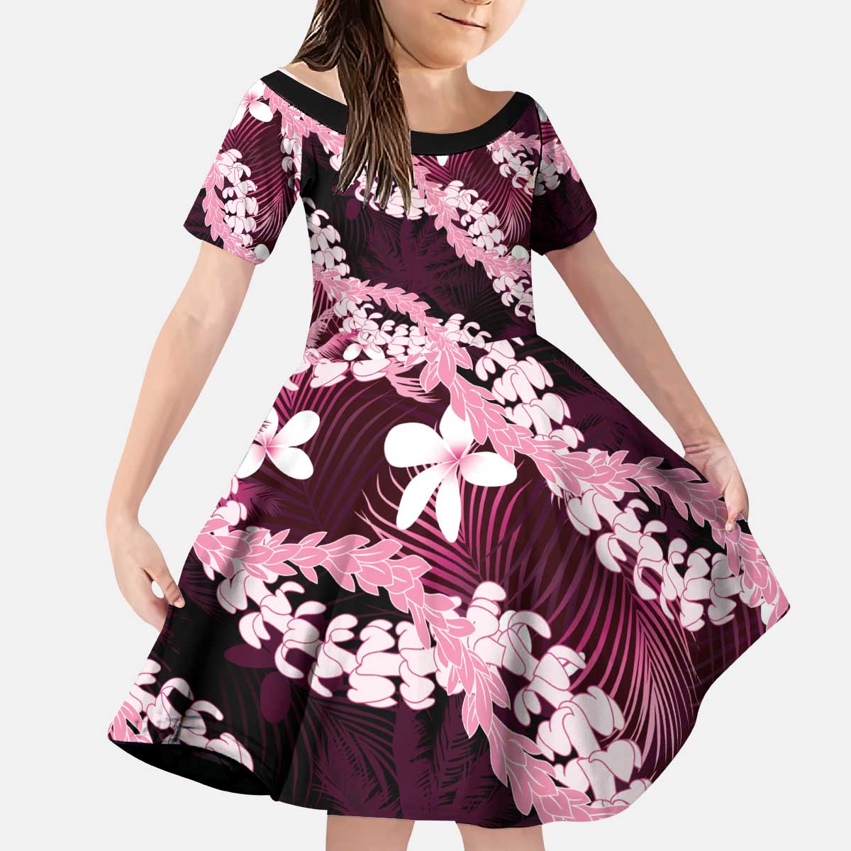 Puakenikeni Maile Lei Kid Short Sleeve Dress Frangipani Pink Tropical Leaves