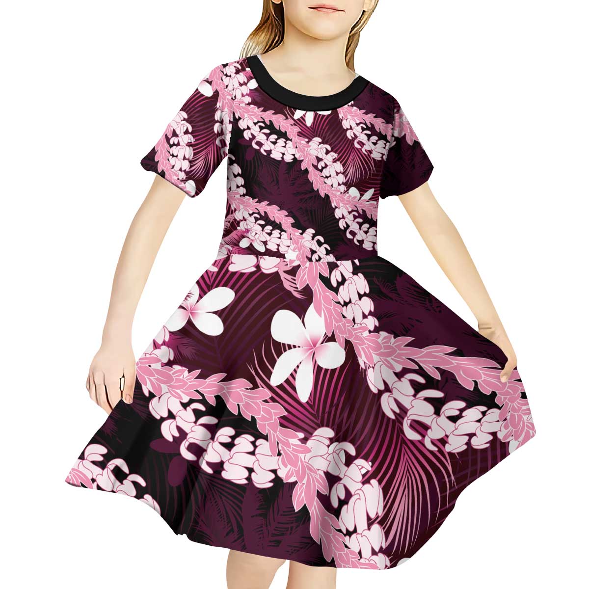 Puakenikeni Maile Lei Kid Short Sleeve Dress Frangipani Pink Tropical Leaves LT01 - Polynesian Pride