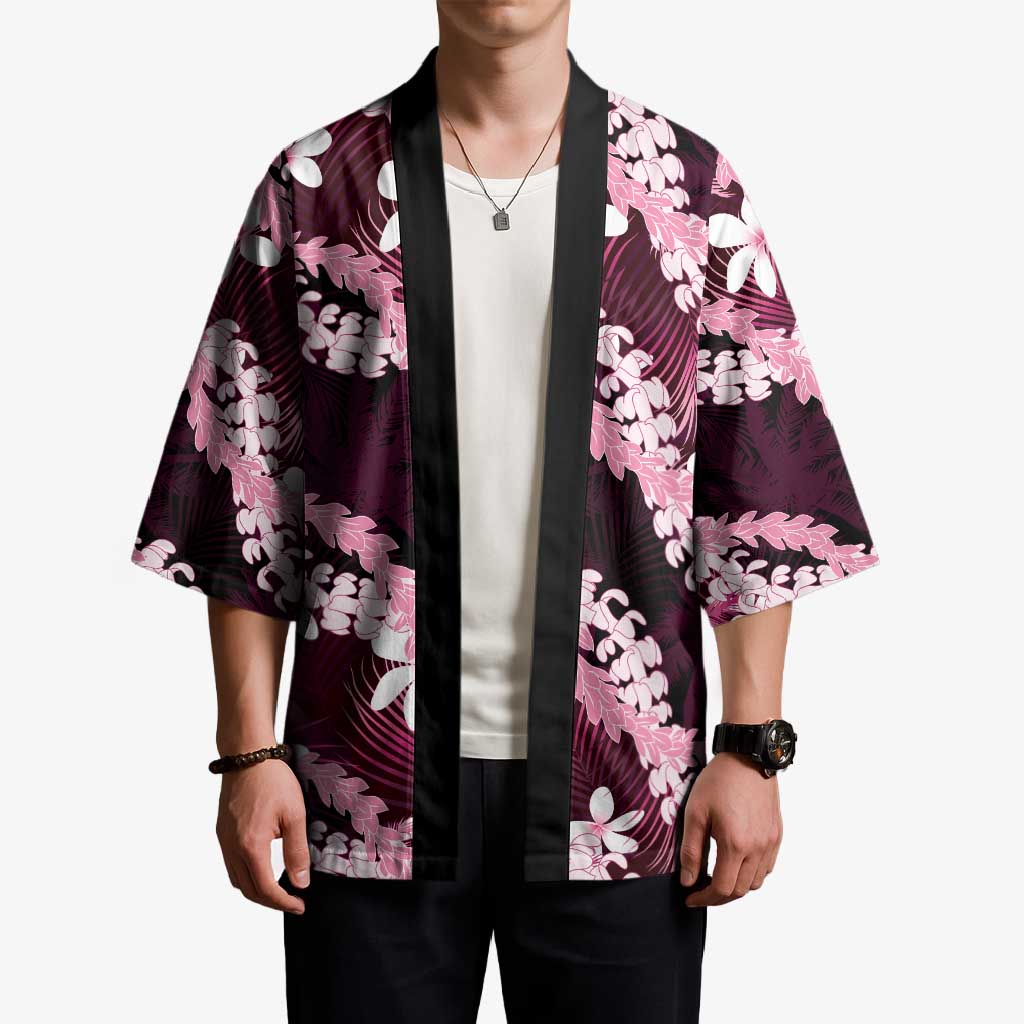 Puakenikeni Maile Lei Kimono Frangipani Pink Tropical Leaves