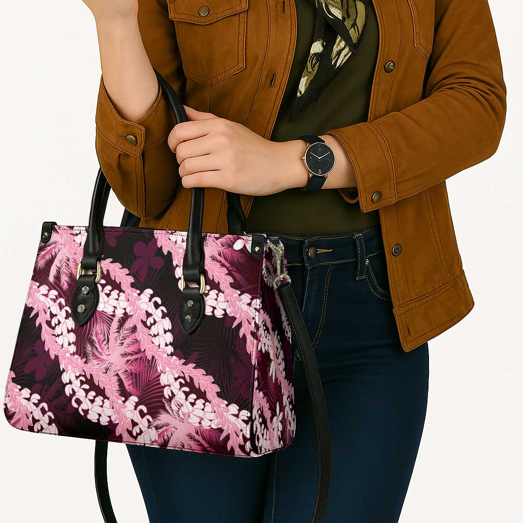 Puakenikeni Maile Lei Leather Bag Frangipani Pink Tropical Leaves