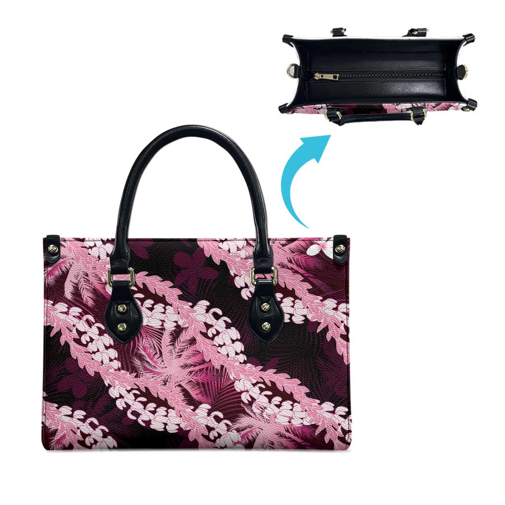 Puakenikeni Maile Lei Leather Bag Frangipani Pink Tropical Leaves