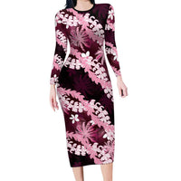 Puakenikeni Maile Lei Long Sleeve Bodycon Dress Frangipani Pink Tropical Leaves LT01 Long Dress Pink - Polynesian Pride
