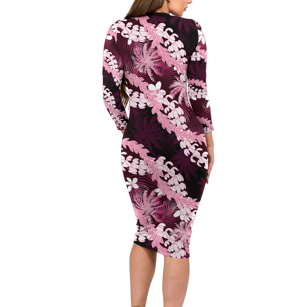 Puakenikeni Maile Lei Long Sleeve Bodycon Dress Frangipani Pink Tropical Leaves LT01 - Polynesian Pride