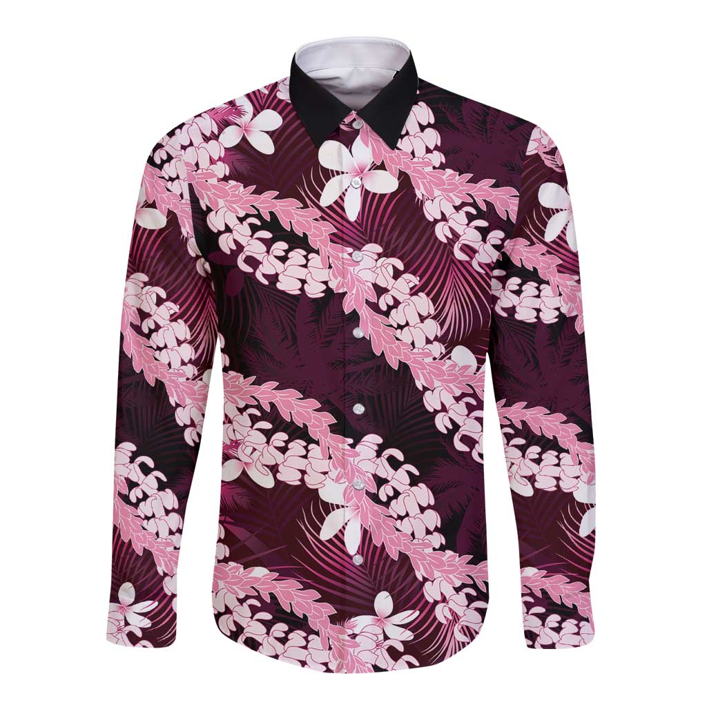 Puakenikeni Maile Lei Long Sleeve Button Shirt Frangipani Pink Tropical Leaves