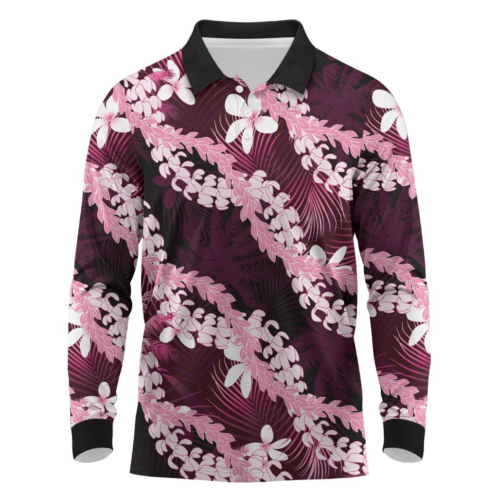 Puakenikeni Maile Lei Long Sleeve Polo Shirt Frangipani Pink Tropical Leaves LT01 Pink - Polynesian Pride