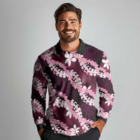 Puakenikeni Maile Lei Long Sleeve Polo Shirt Frangipani Pink Tropical Leaves LT01 - Polynesian Pride