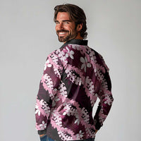 Puakenikeni Maile Lei Long Sleeve Polo Shirt Frangipani Pink Tropical Leaves LT01 - Polynesian Pride