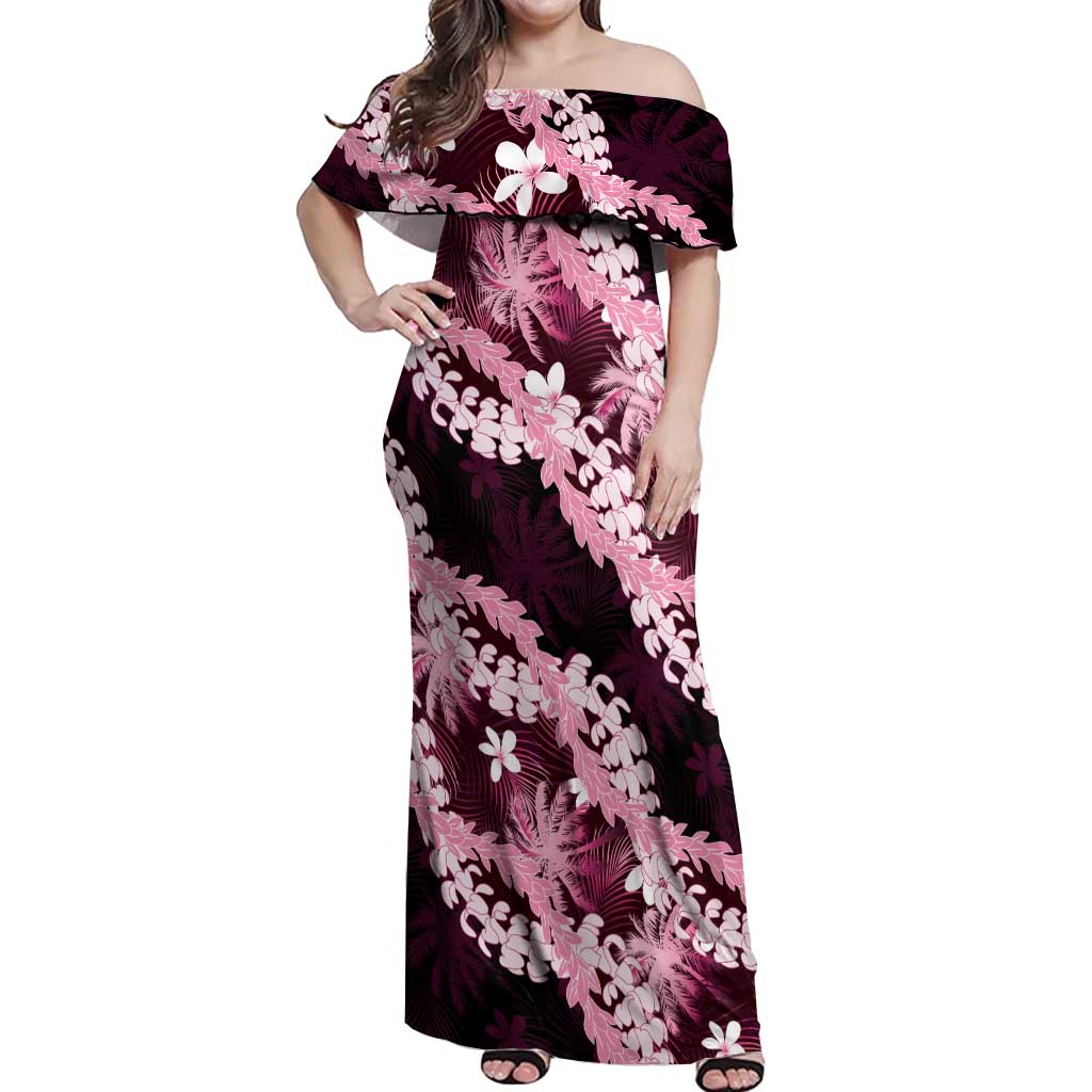 Puakenikeni Maile Lei Off Shoulder Maxi Dress Frangipani Pink Tropical Leaves