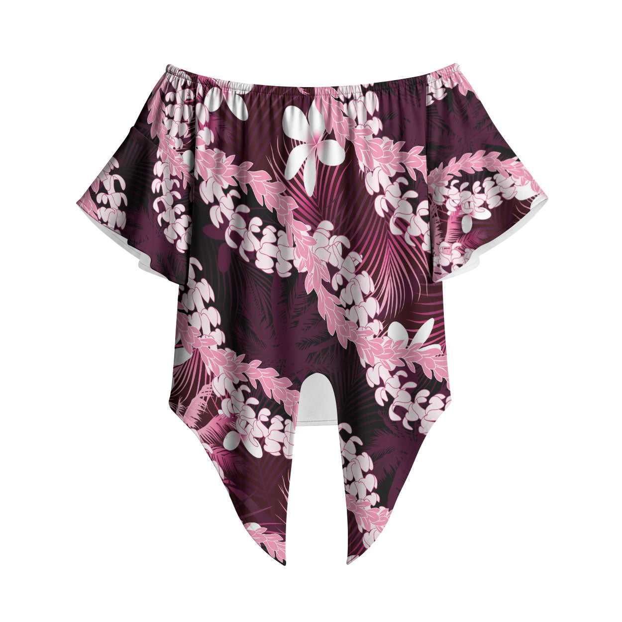 Puakenikeni Maile Lei Off Shoulder Wrap Waist Top Frangipani Pink Tropical Leaves LT01 Pink - Polynesian Pride