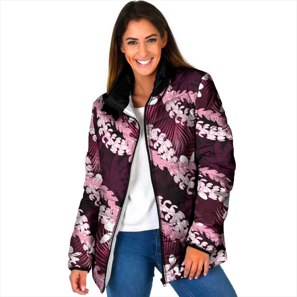 Puakenikeni Maile Lei Padded Jacket Frangipani Pink Tropical Leaves