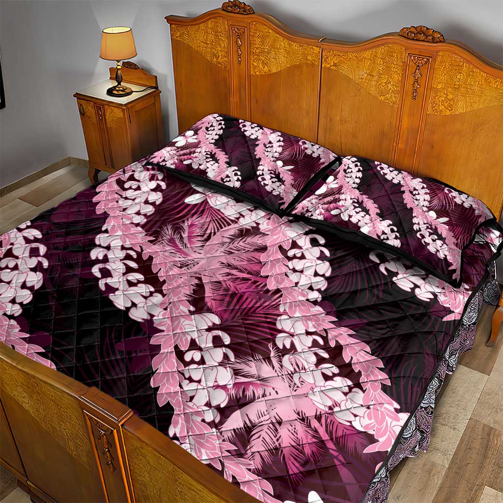 Puakenikeni Maile Lei Quilt Bed Set Frangipani Pink Tropical Leaves