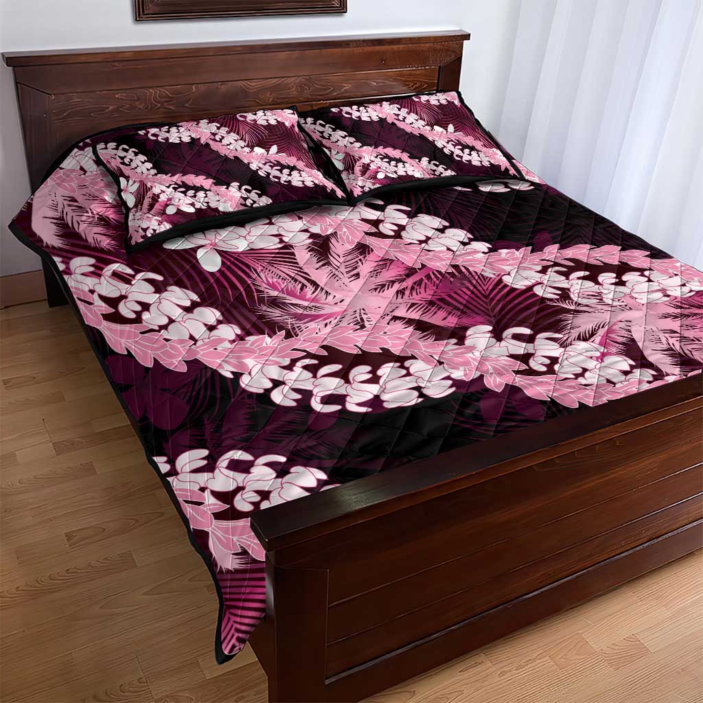 Puakenikeni Maile Lei Quilt Bed Set Frangipani Pink Tropical Leaves