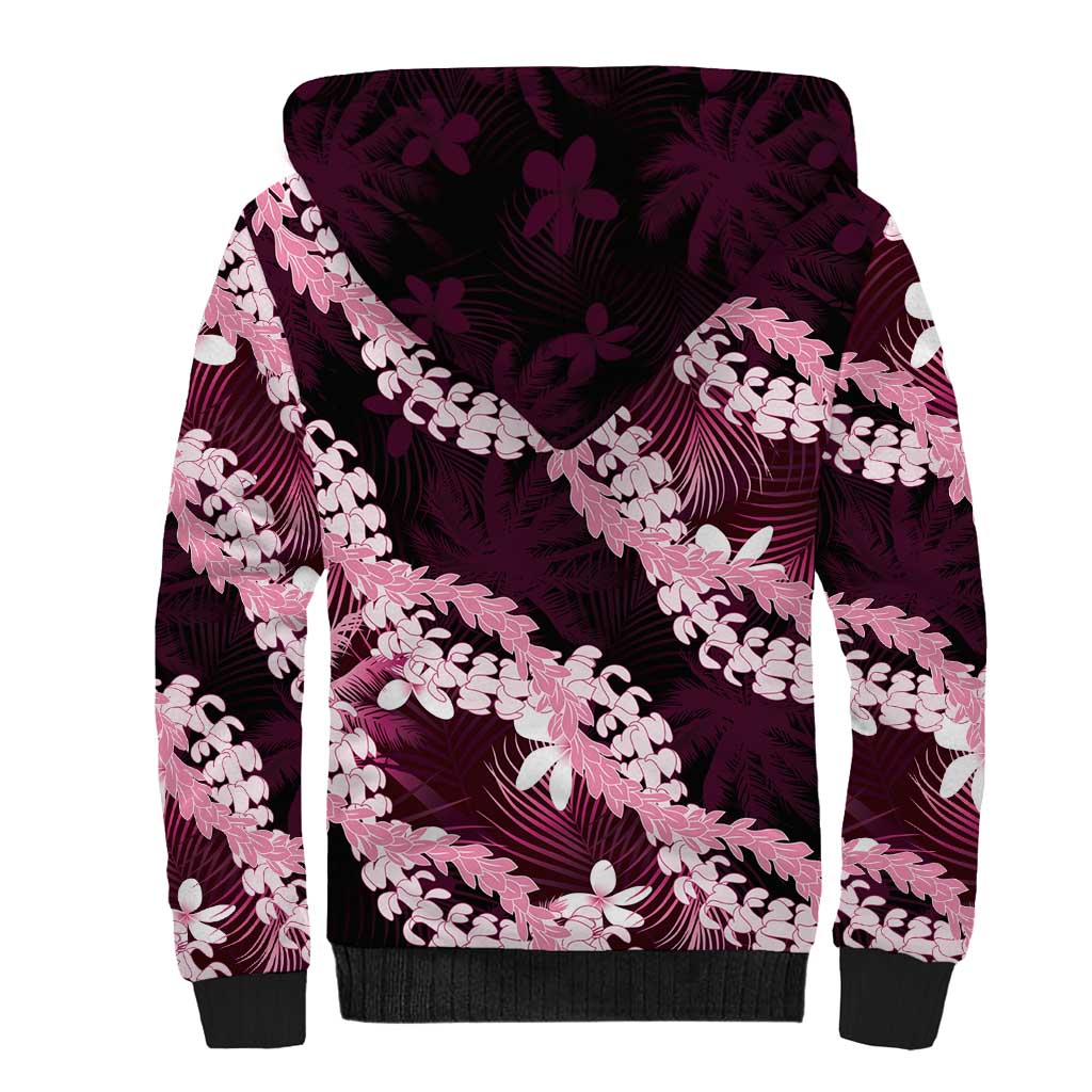 Puakenikeni Maile Lei Sherpa Hoodie Frangipani Pink Tropical Leaves LT01 - Polynesian Pride