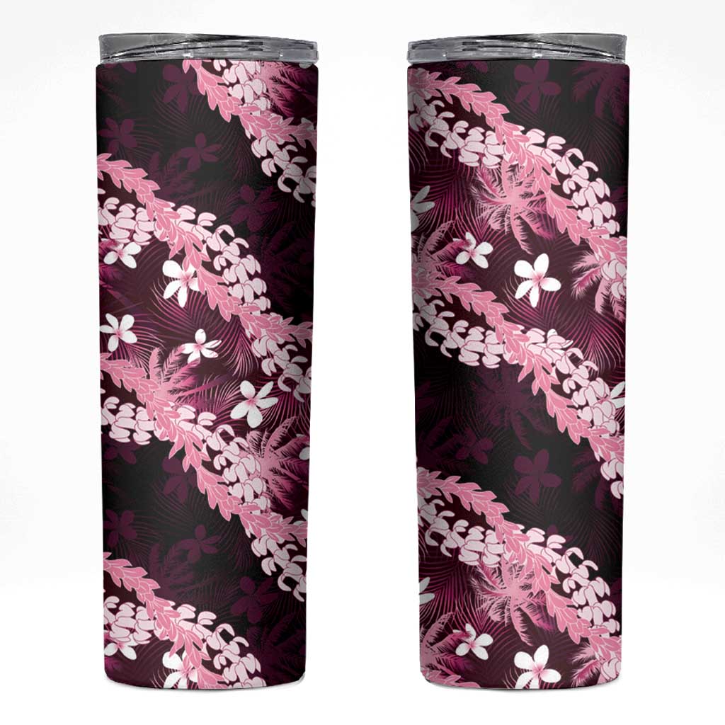 Puakenikeni Maile Lei Skinny Tumbler Frangipani Pink Tropical Leaves LT01 Pink - Polynesian Pride