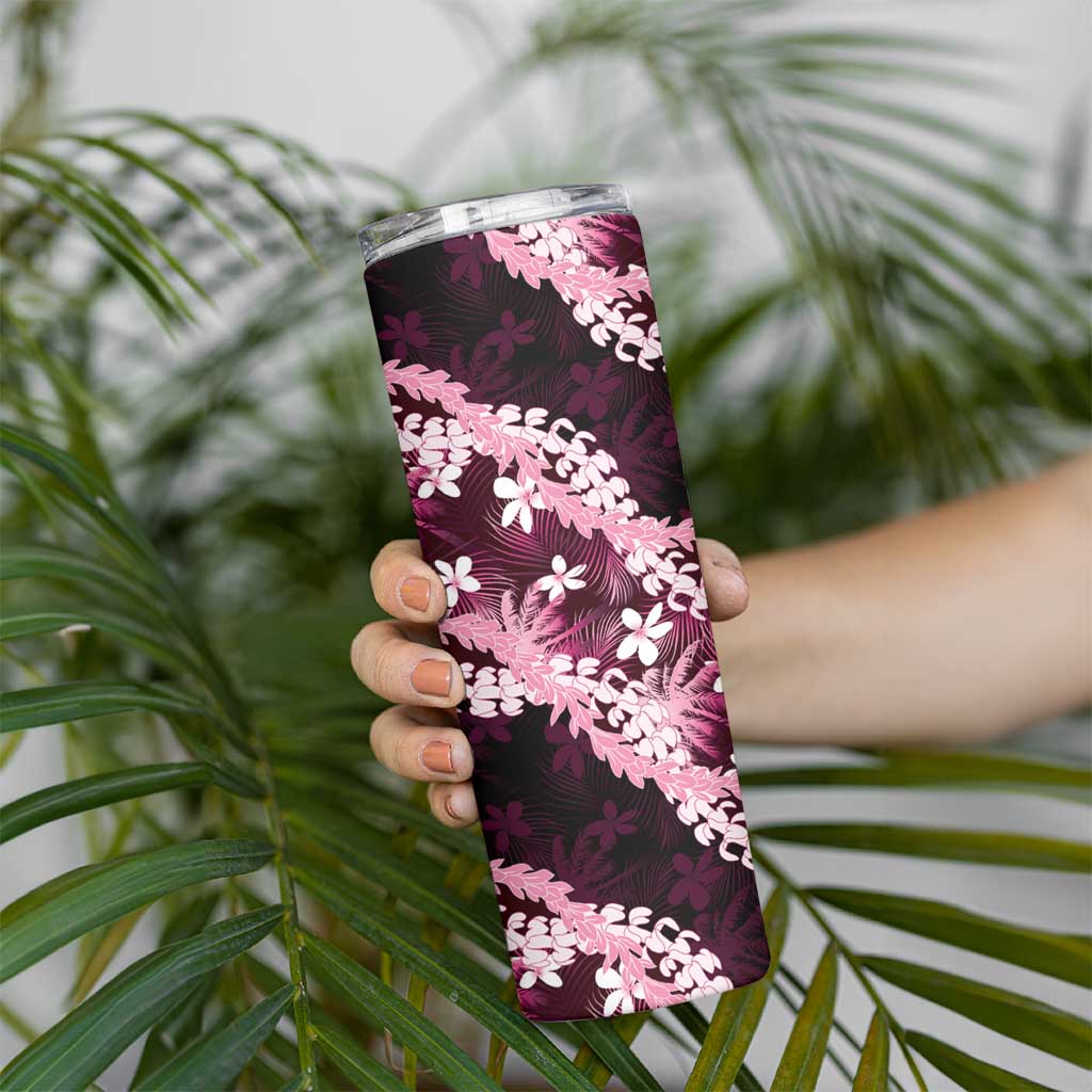 Puakenikeni Maile Lei Skinny Tumbler Frangipani Pink Tropical Leaves LT01 - Polynesian Pride