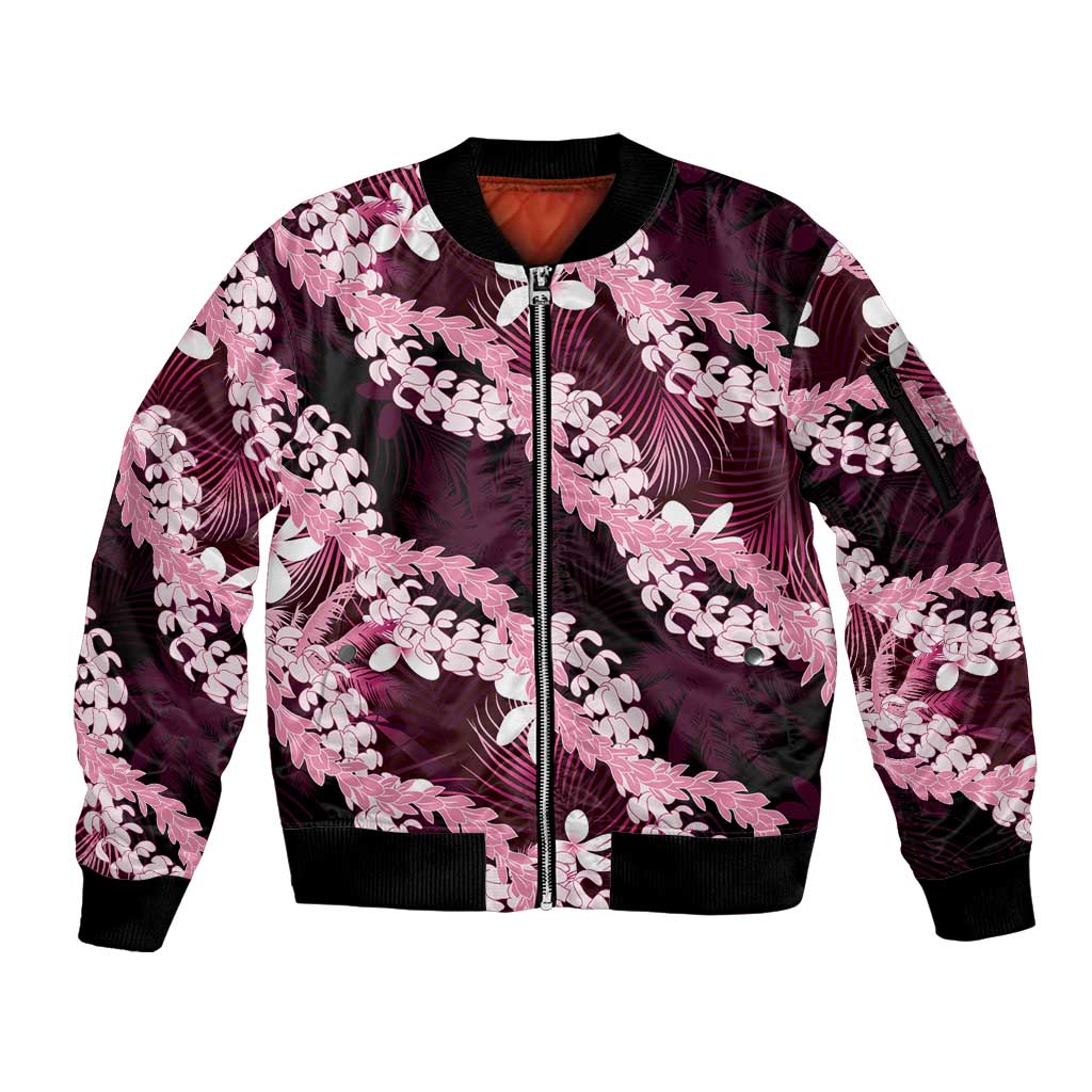 Puakenikeni Maile Lei Sleeve Zip Bomber Jacket Frangipani Pink Tropical Leaves