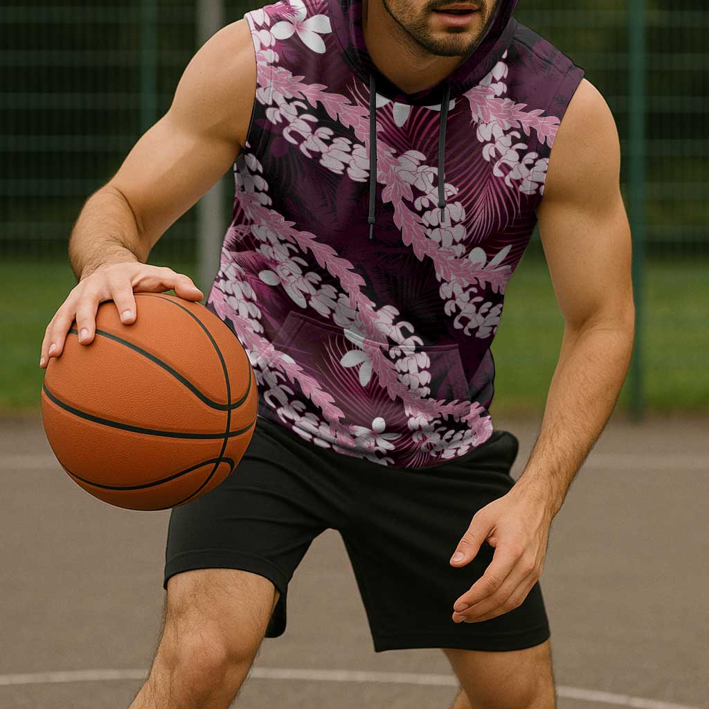 Puakenikeni Maile Lei Sleeveless Hoodie Frangipani Pink Tropical Leaves LT01 - Polynesian Pride