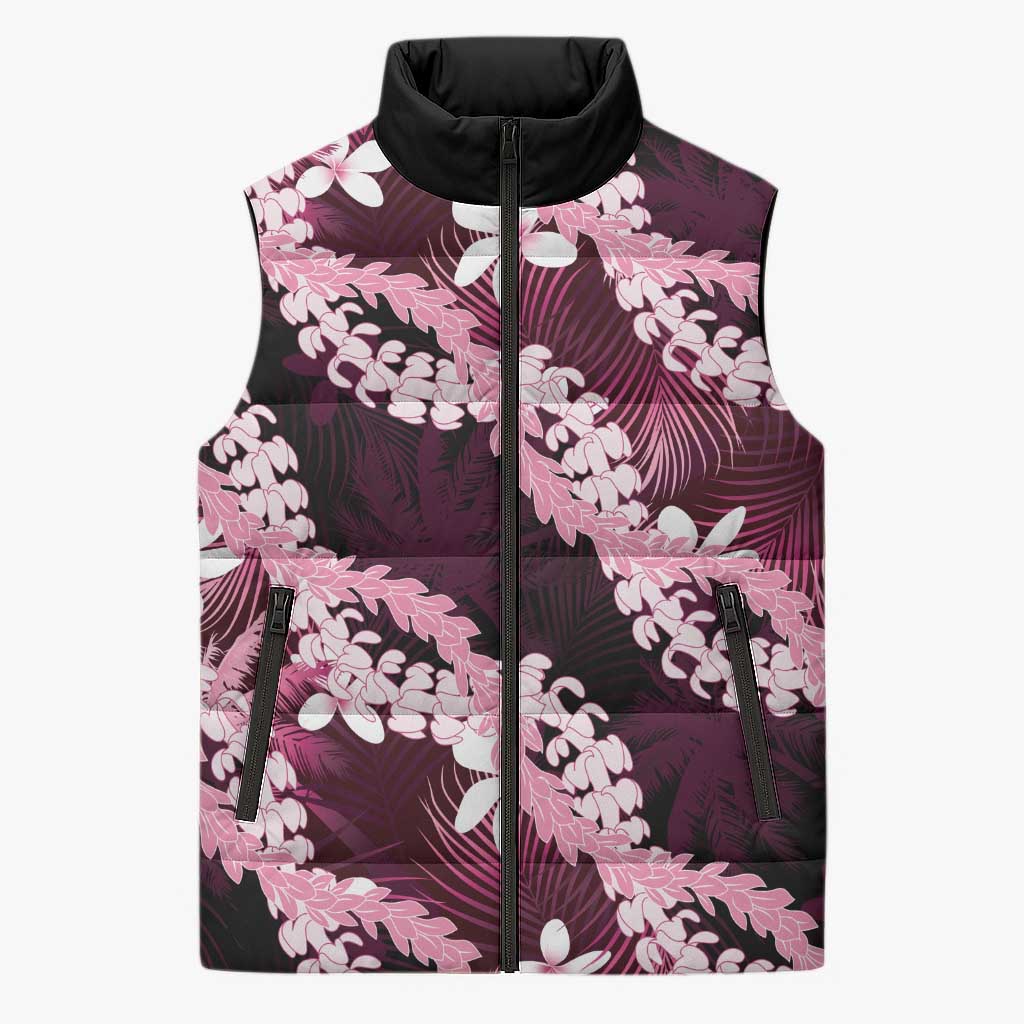 Puakenikeni Maile Lei Sleeveless Puffer Jacket Frangipani Pink Tropical Leaves LT01 Unisex Pink - Polynesian Pride