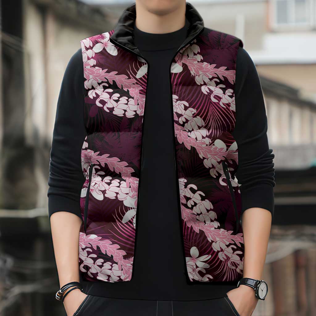 Puakenikeni Maile Lei Sleeveless Puffer Jacket Frangipani Pink Tropical Leaves LT01 - Polynesian Pride