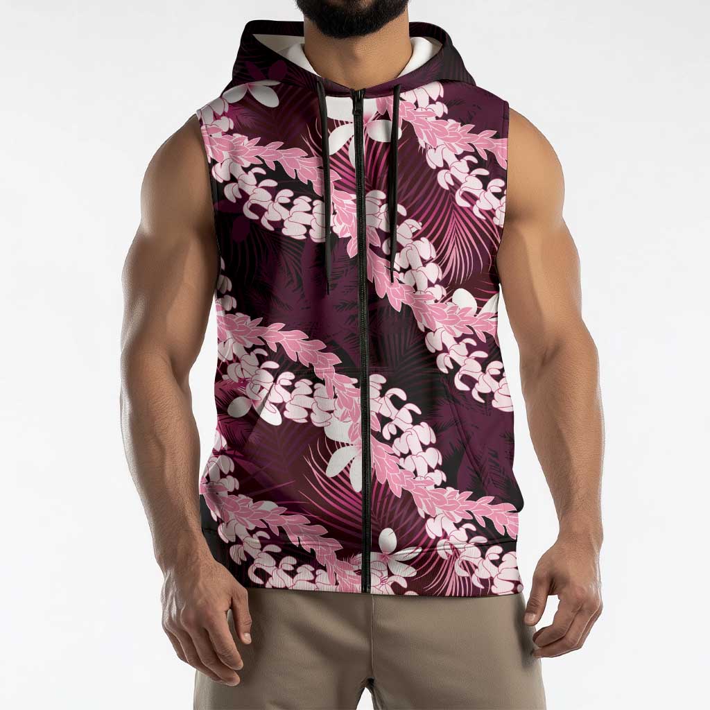 Puakenikeni Maile Lei Sleeveless Zip Hoodie Frangipani Pink Tropical Leaves LT01 - Polynesian Pride