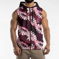 Puakenikeni Maile Lei Sleeveless Zip Hoodie Frangipani Pink Tropical Leaves LT01 - Polynesian Pride