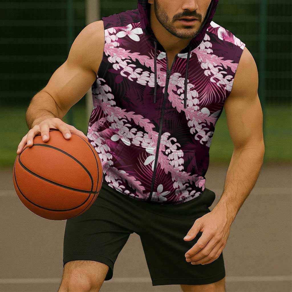 Puakenikeni Maile Lei Sleeveless Zip Hoodie Frangipani Pink Tropical Leaves LT01 - Polynesian Pride