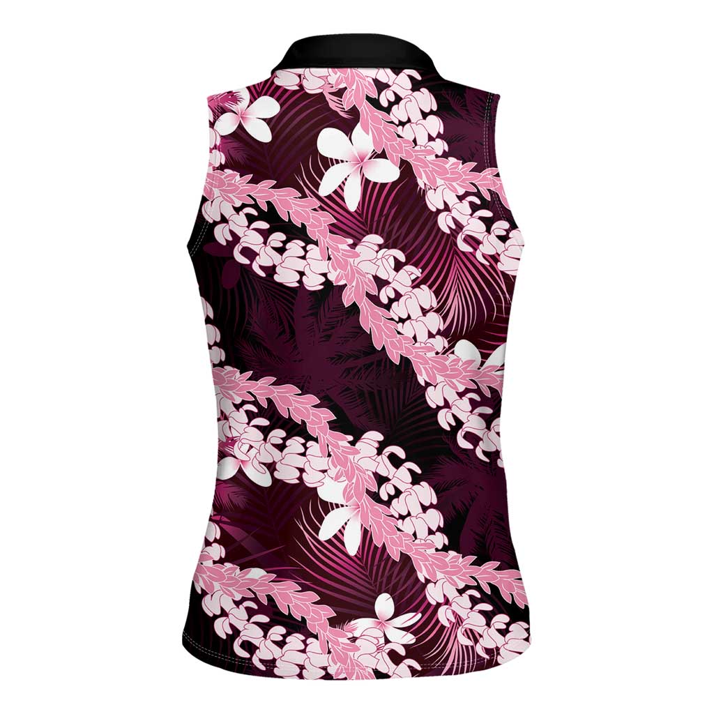 Puakenikeni Maile Lei Women Sleeveless Polo Shirt Frangipani Pink Tropical Leaves LT01 - Polynesian Pride