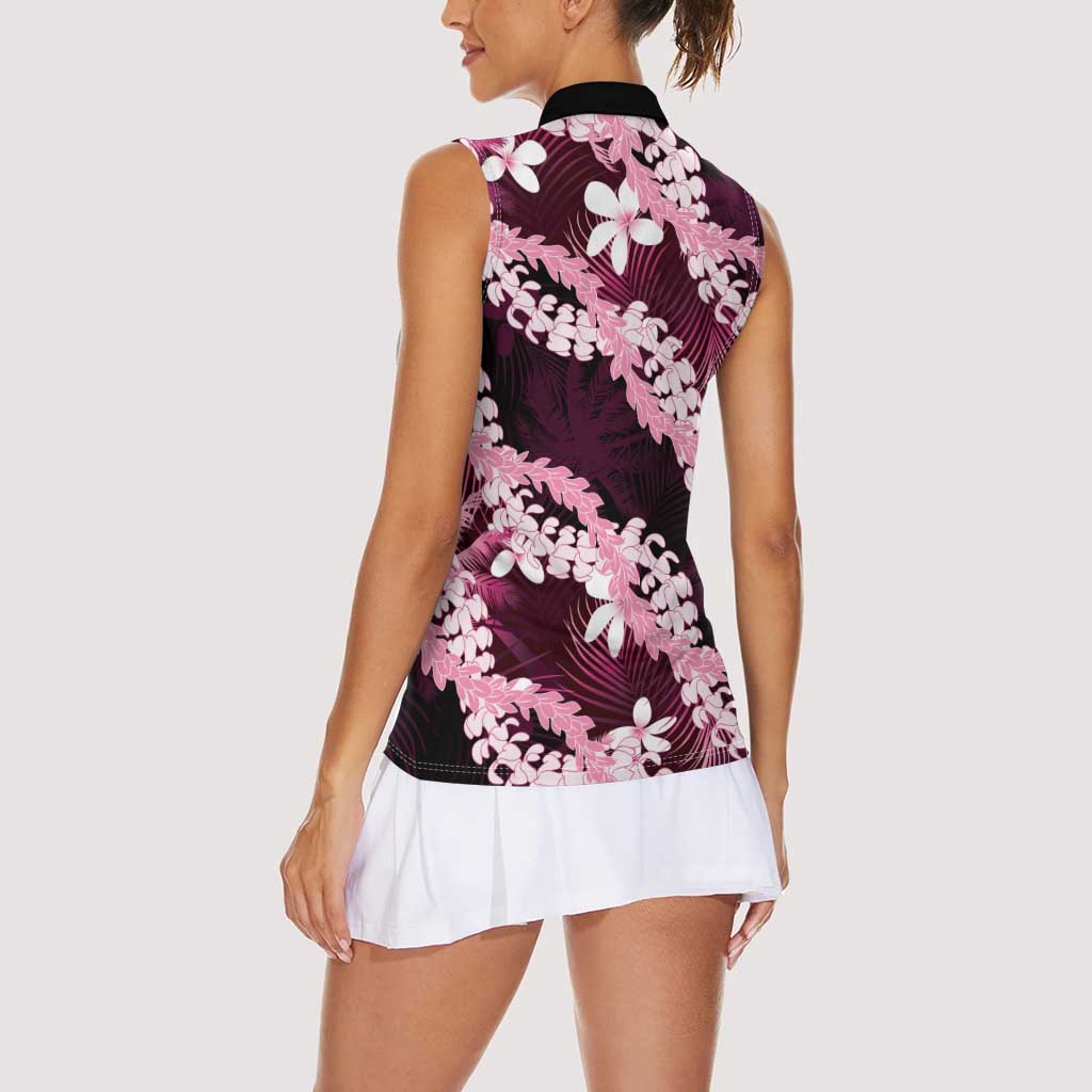 Puakenikeni Maile Lei Women Sleeveless Polo Shirt Frangipani Pink Tropical Leaves LT01 - Polynesian Pride