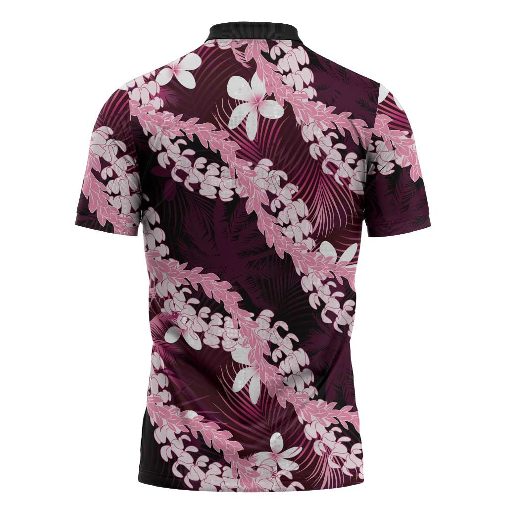 Puakenikeni Maile Lei Zipper Polo Shirt Frangipani Pink Tropical Leaves LT01 - Polynesian Pride