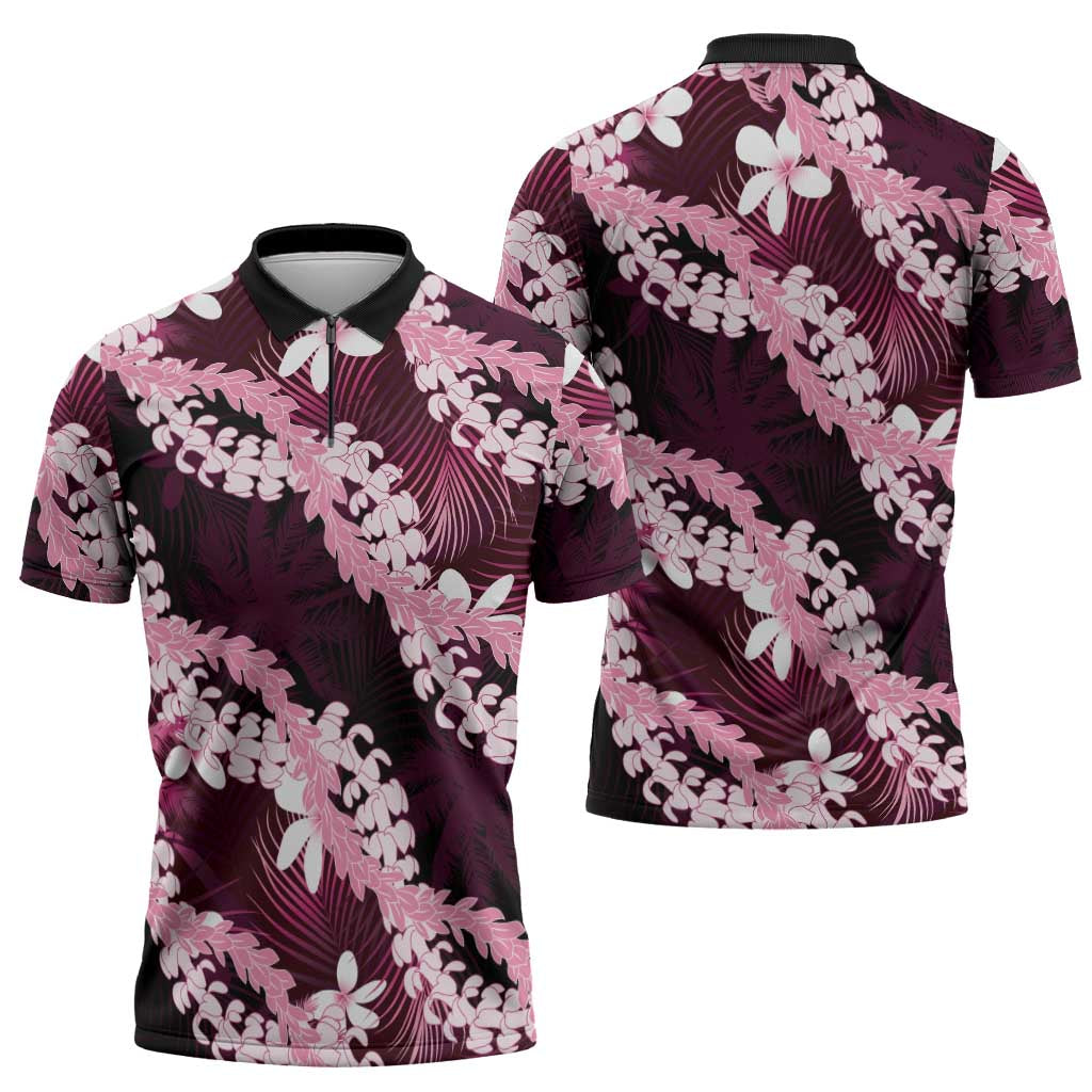 Puakenikeni Maile Lei Zipper Polo Shirt Frangipani Pink Tropical Leaves LT01 - Polynesian Pride