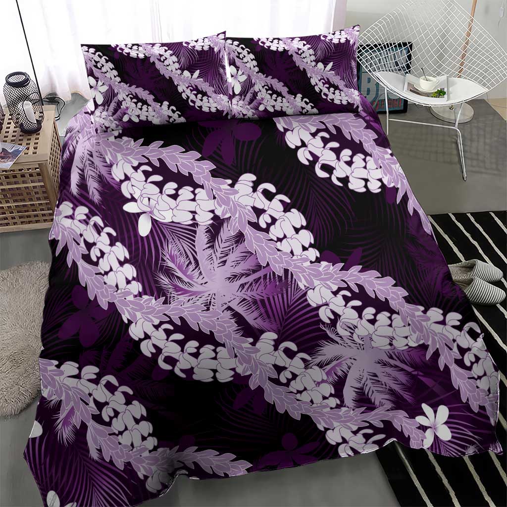 Puakenikeni Maile Lei Bedding Set Frangipani Purple Tropical Leaves