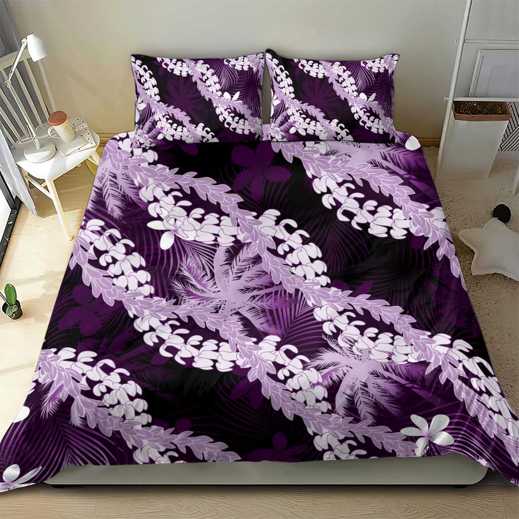 Puakenikeni Maile Lei Bedding Set Frangipani Purple Tropical Leaves