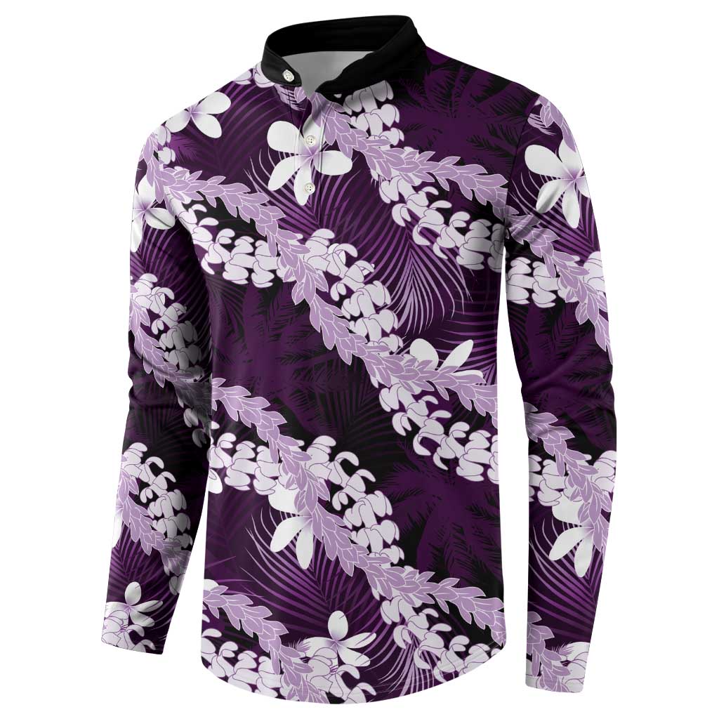 Puakenikeni Maile Lei Button Sweatshirt Frangipani Purple Tropical Leaves
