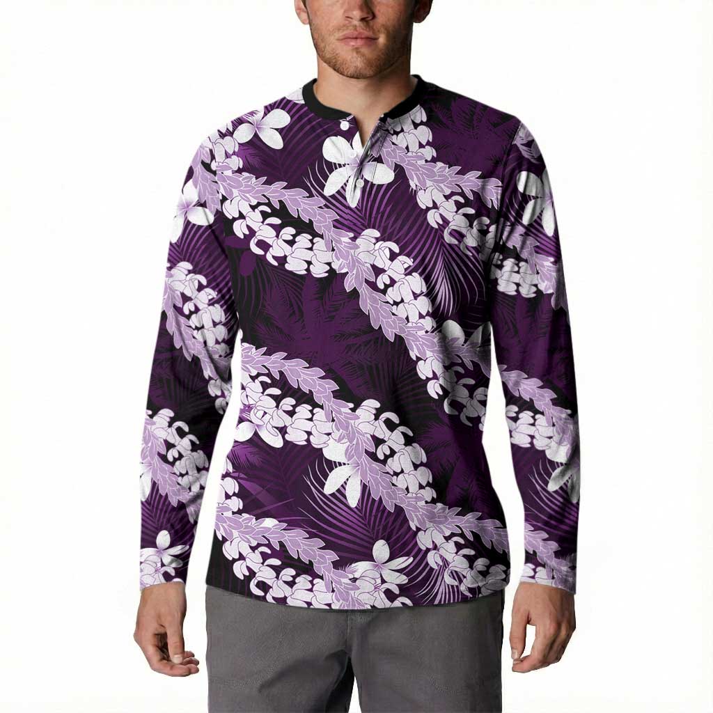 Puakenikeni Maile Lei Button Sweatshirt Frangipani Purple Tropical Leaves