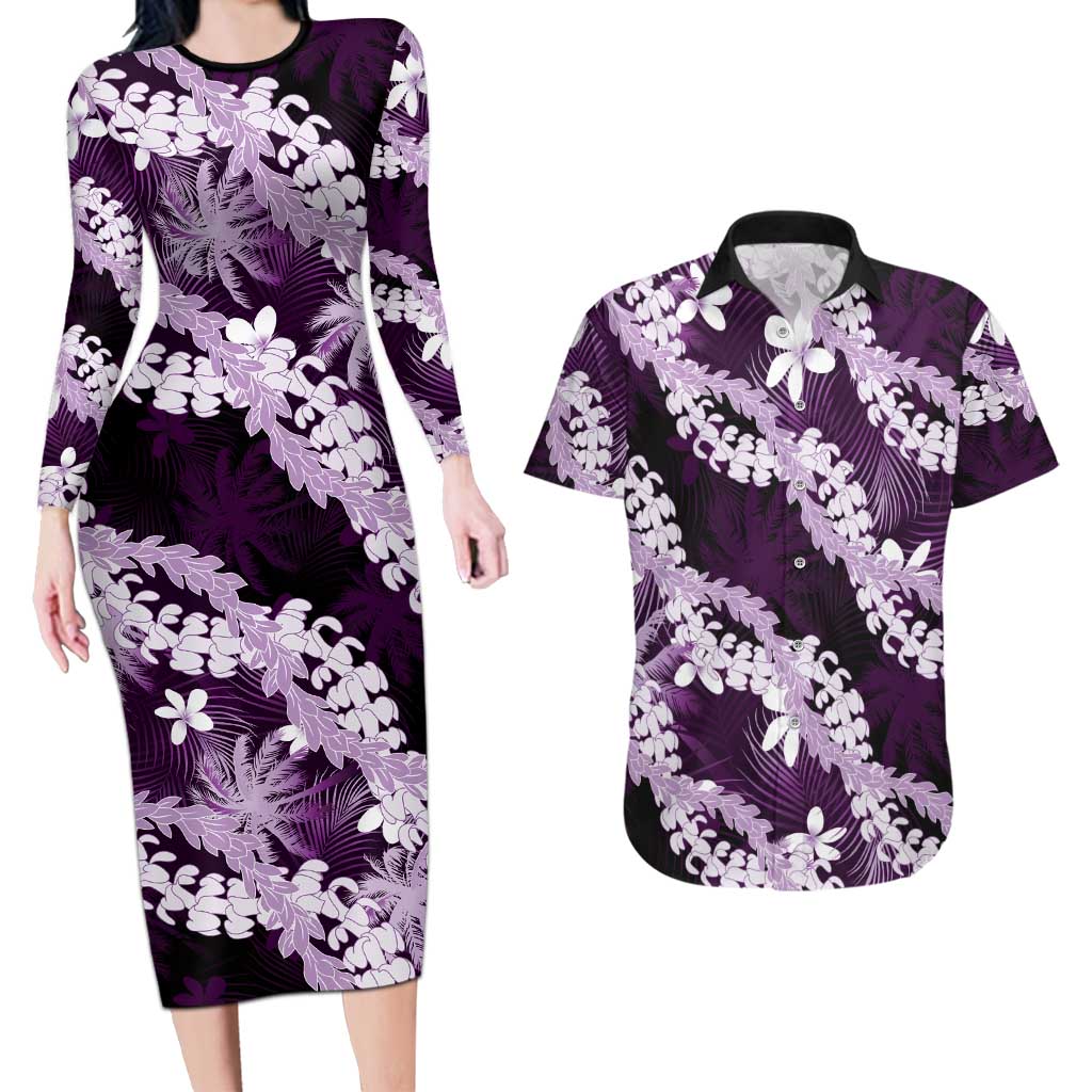 Puakenikeni Maile Lei Couples Matching Long Sleeve Bodycon Dress and Hawaiian Shirt Frangipani Purple Tropical Leaves