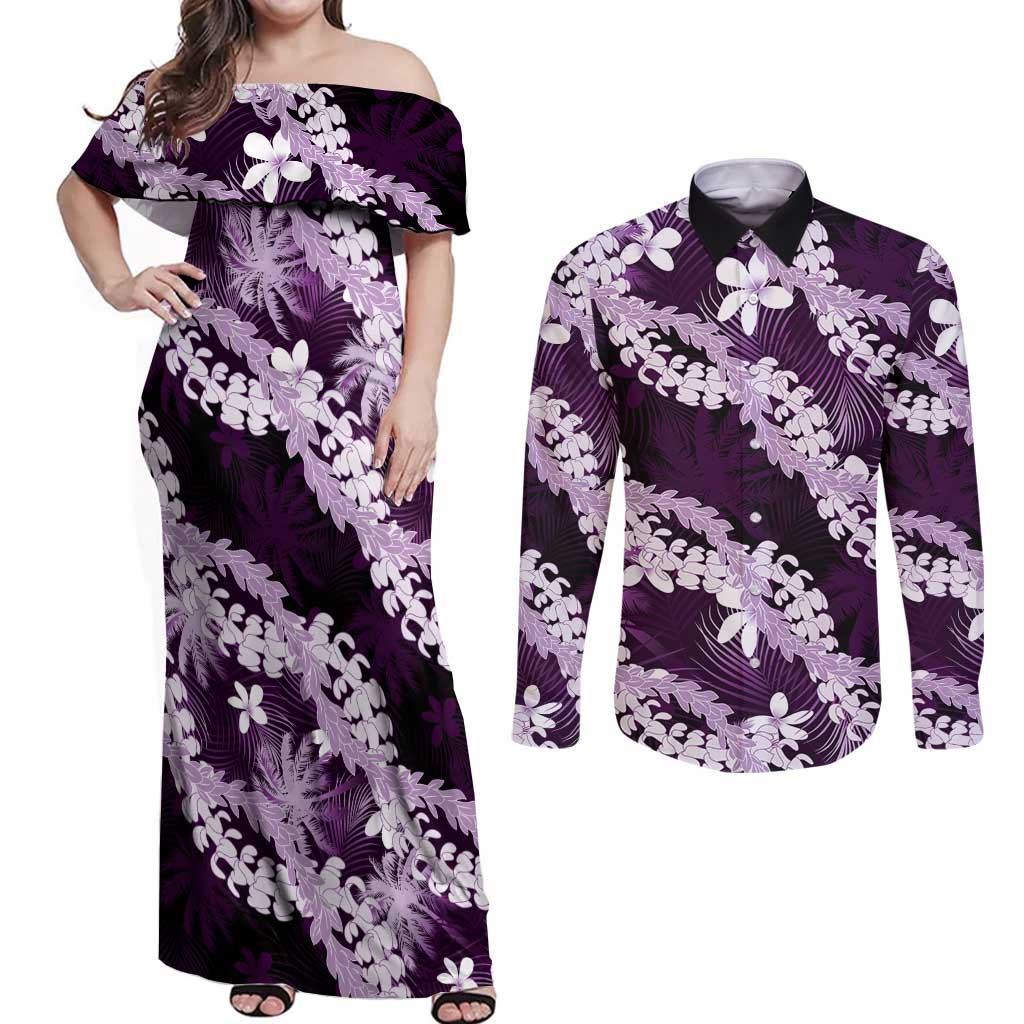 Puakenikeni Maile Lei Couples Matching Off Shoulder Maxi Dress and Long Sleeve Button Shirt Frangipani Purple Tropical Leaves LT01 Purple - Polynesian Pride