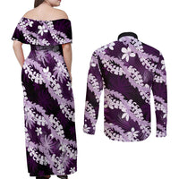Puakenikeni Maile Lei Couples Matching Off Shoulder Maxi Dress and Long Sleeve Button Shirt Frangipani Purple Tropical Leaves LT01 - Polynesian Pride
