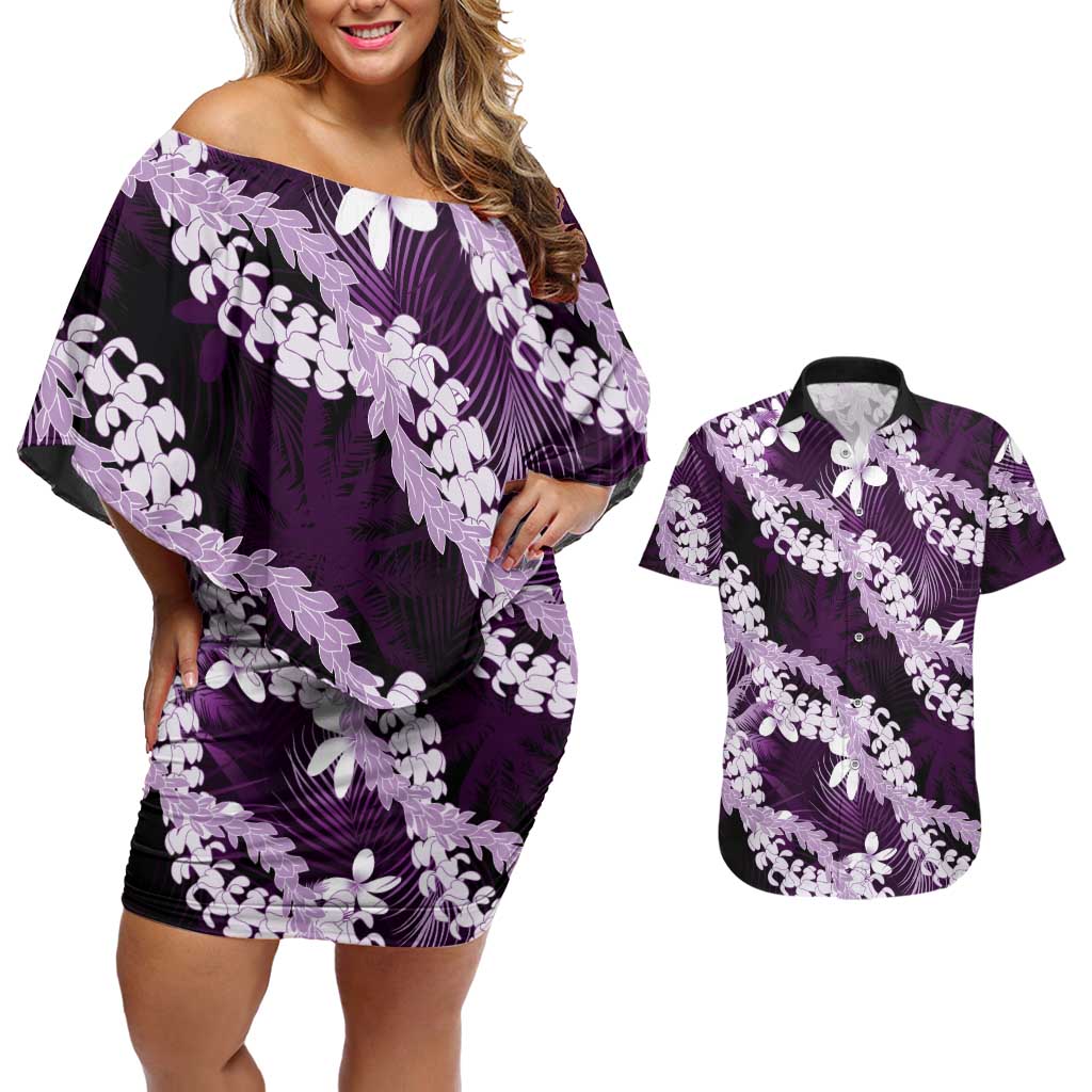 Puakenikeni Maile Lei Couples Matching Off Shoulder Short Dress and Hawaiian Shirt Frangipani Purple Tropical Leaves