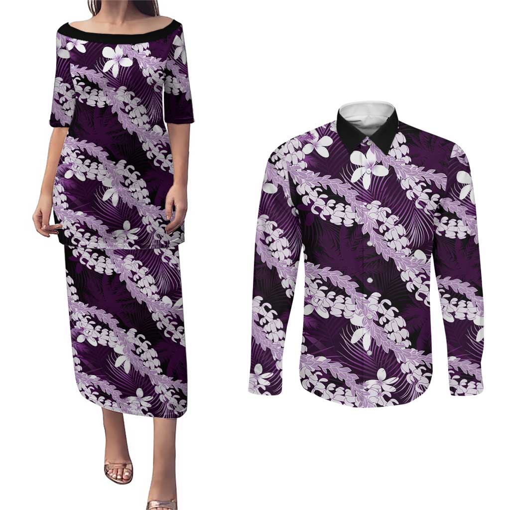 Puakenikeni Maile Lei Couples Matching Puletasi and Long Sleeve Button Shirt Frangipani Purple Tropical Leaves LT01 Purple - Polynesian Pride
