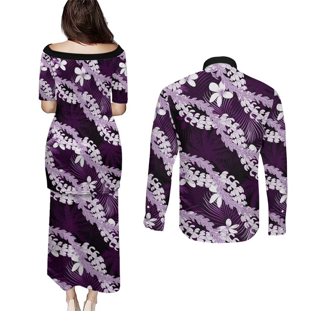 Puakenikeni Maile Lei Couples Matching Puletasi and Long Sleeve Button Shirt Frangipani Purple Tropical Leaves LT01 - Polynesian Pride