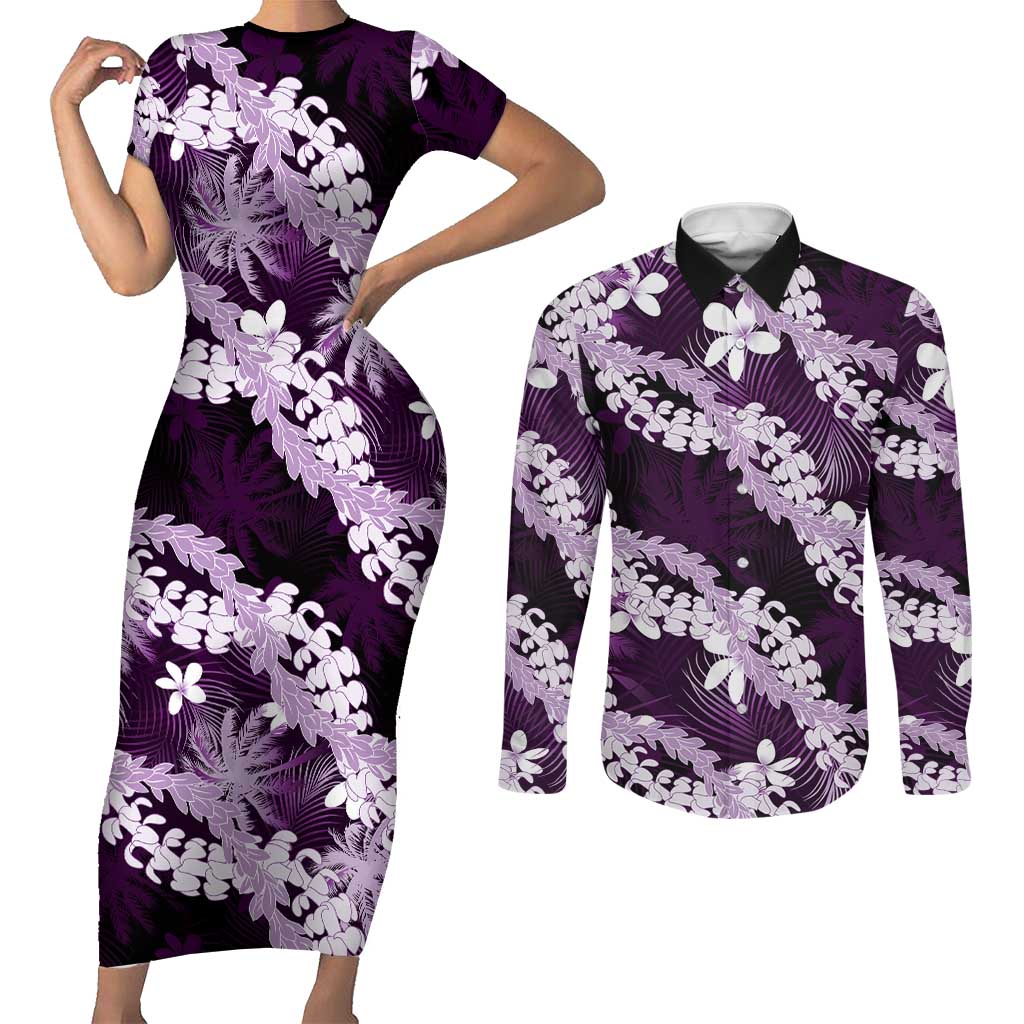 Puakenikeni Maile Lei Couples Matching Short Sleeve Bodycon Dress and Long Sleeve Button Shirt Frangipani Purple Tropical Leaves LT01 Purple - Polynesian Pride