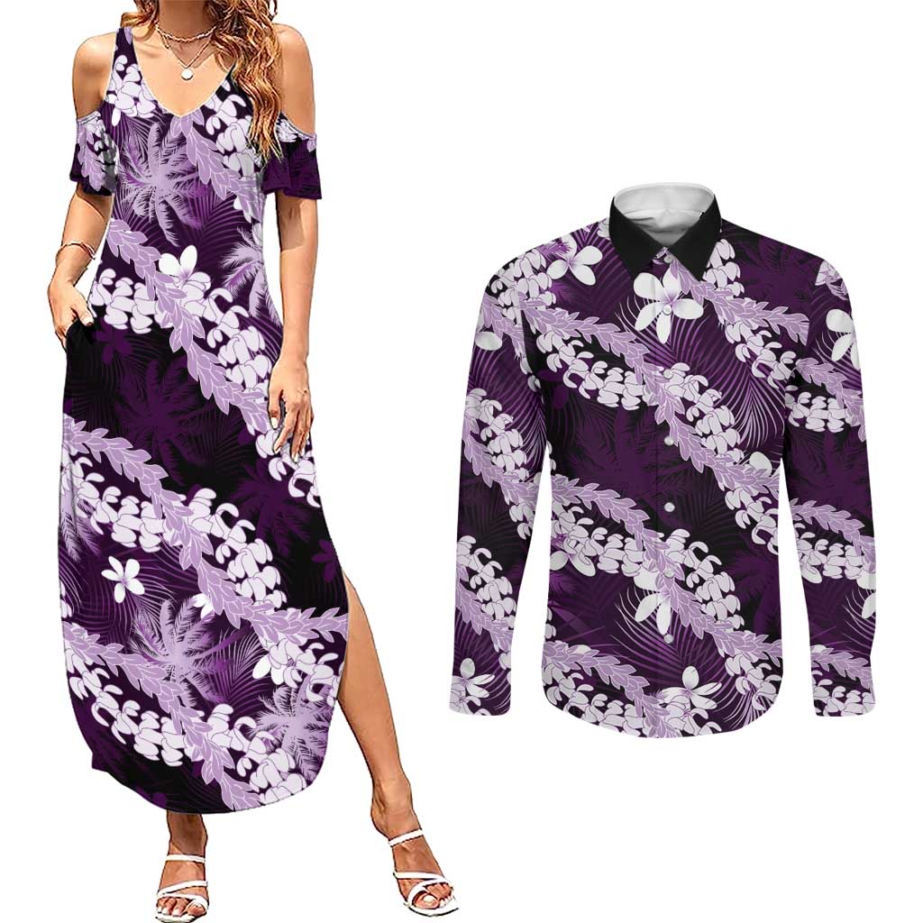 Puakenikeni Maile Lei Couples Matching Summer Maxi Dress and Long Sleeve Button Shirt Frangipani Purple Tropical Leaves LT01 Purple - Polynesian Pride