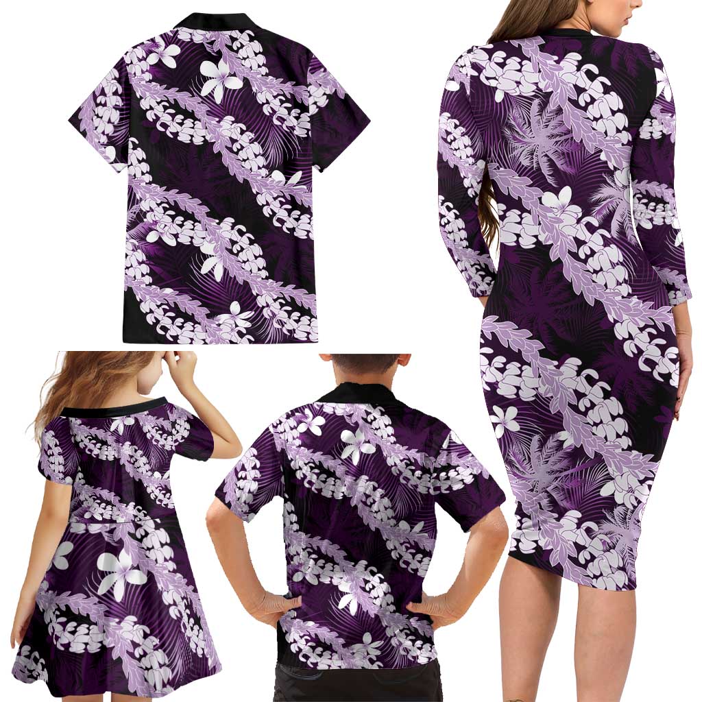 Puakenikeni Maile Lei Family Matching Long Sleeve Bodycon Dress and Hawaiian Shirt Frangipani Purple Tropical Leaves LT01 - Polynesian Pride